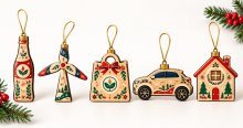 Adornos navideños de madera personalizados con forma de botella, aerogenerador, bolsa, coche y casa. Adornos navideños de madera